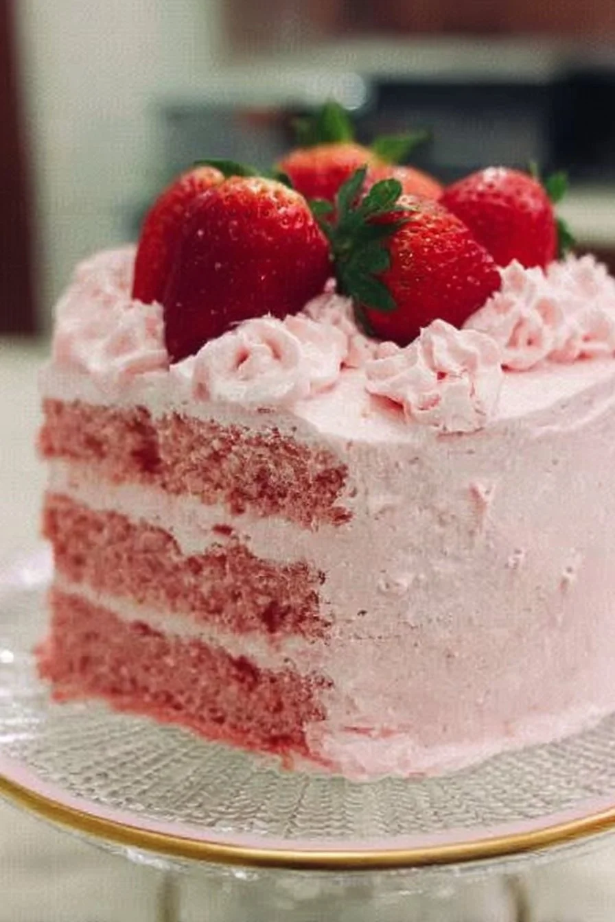 Slice of homemade strawberry cake with strawberry frosting on a plate