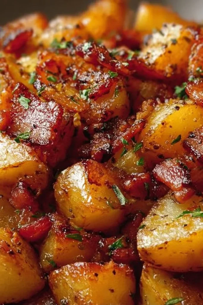 Delicious Honey Bacon Roasted Potatoes garnished and ready to serve.