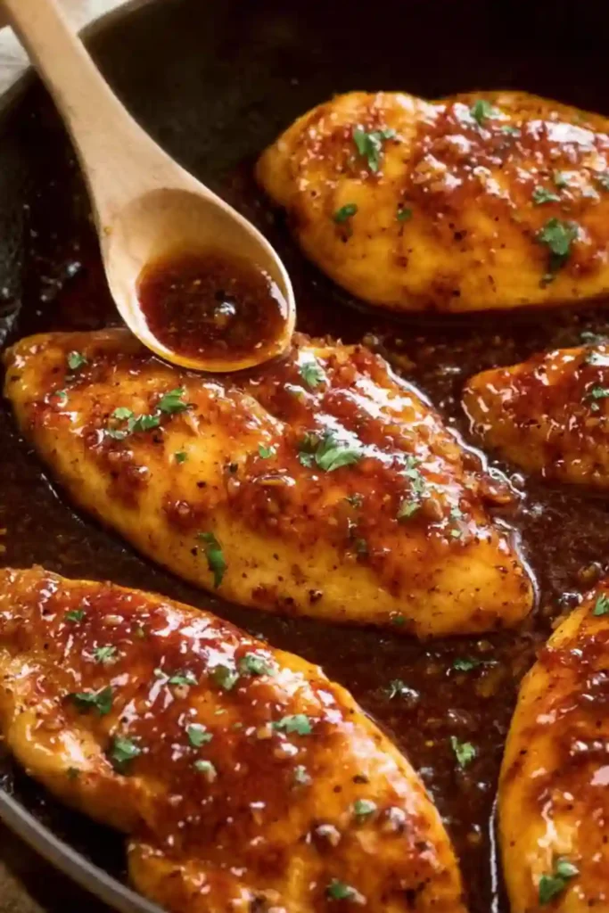 Golden honey garlic chicken breasts glazed in rich sauce, garnished with chopped parsley in cast iron skillet