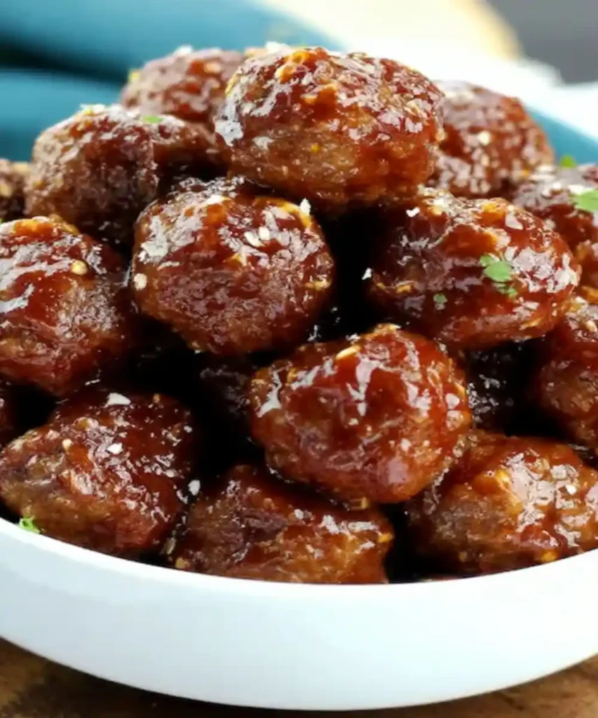 sticky honey garlic meatballs glazed in sauce, served in a white bowl