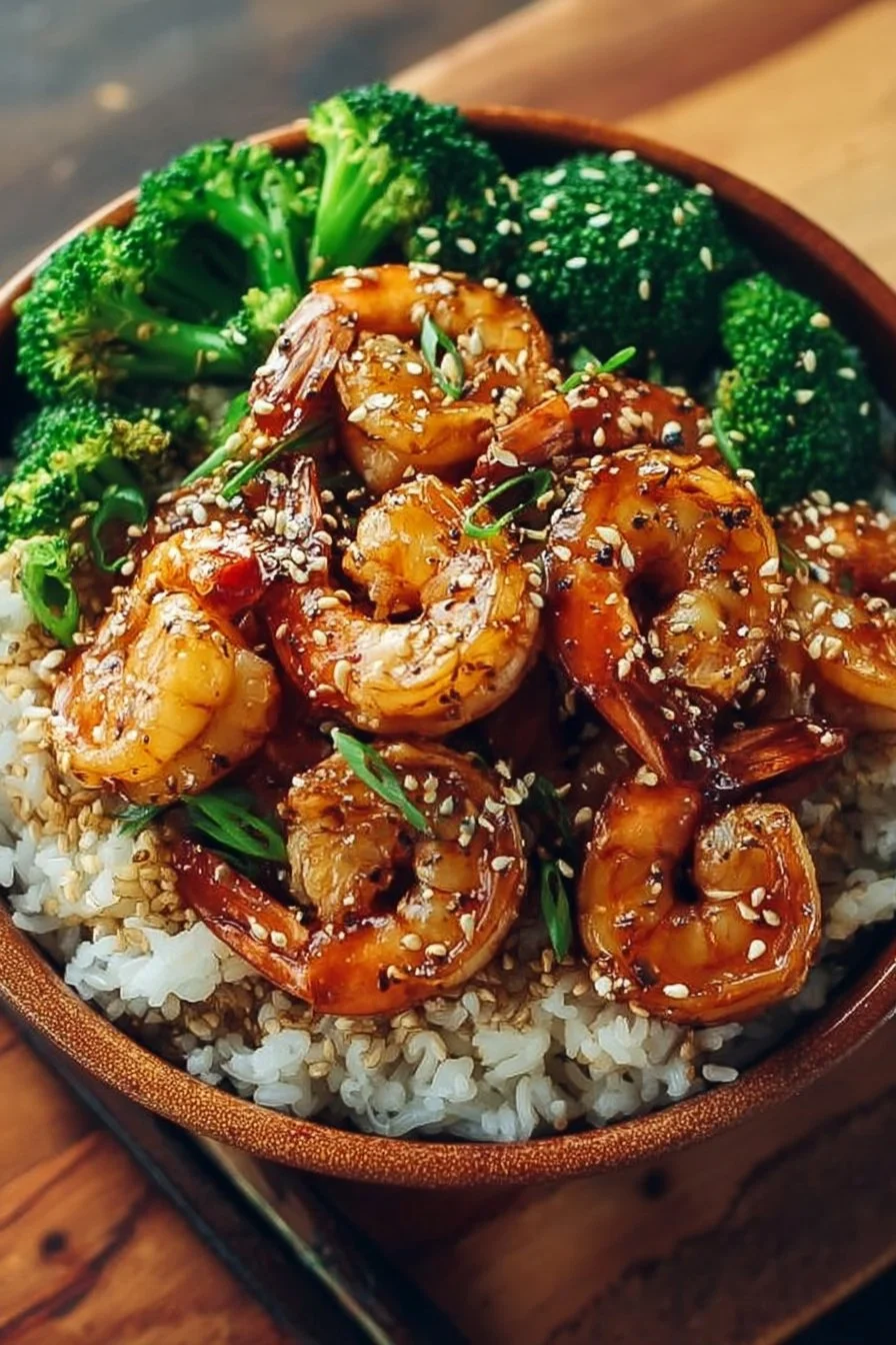 Delicious honey garlic shrimp served in a bowl with vegetables and rice