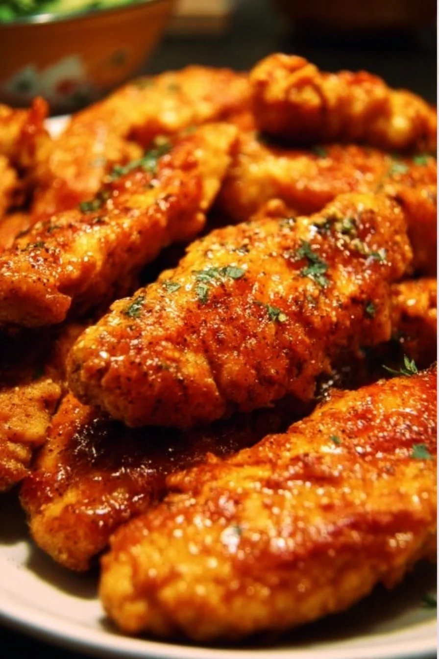 Honey Mustard Chicken Tenders served on a plate with dipping sauce