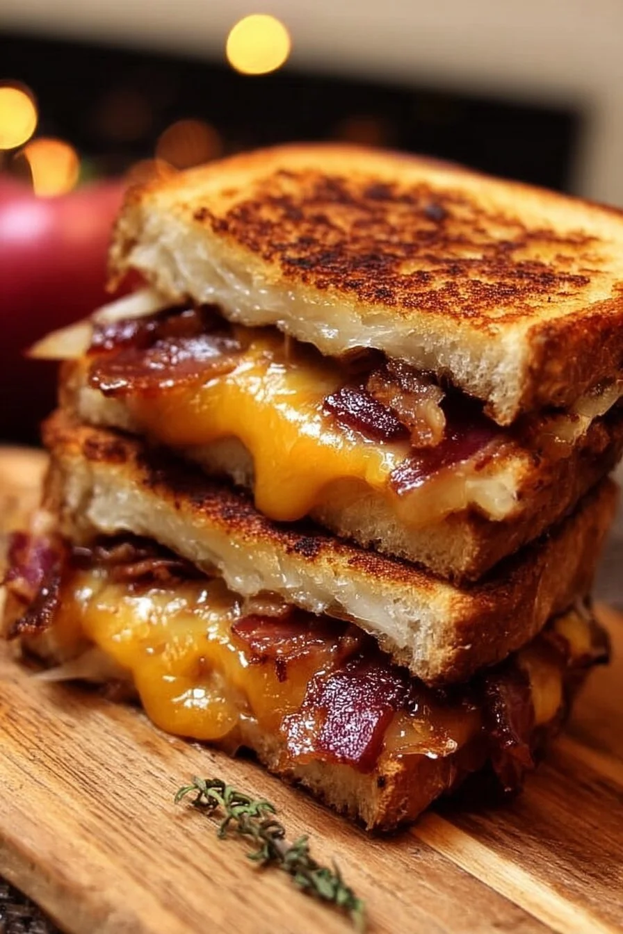 Hot honey apple cheddar beef bacon grilled cheese sandwich with crispy edges
