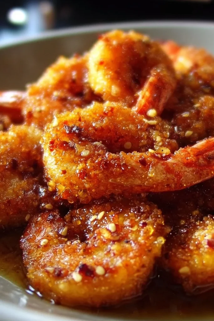 Plate of hot honey fried shrimp garnished with herbs and spices