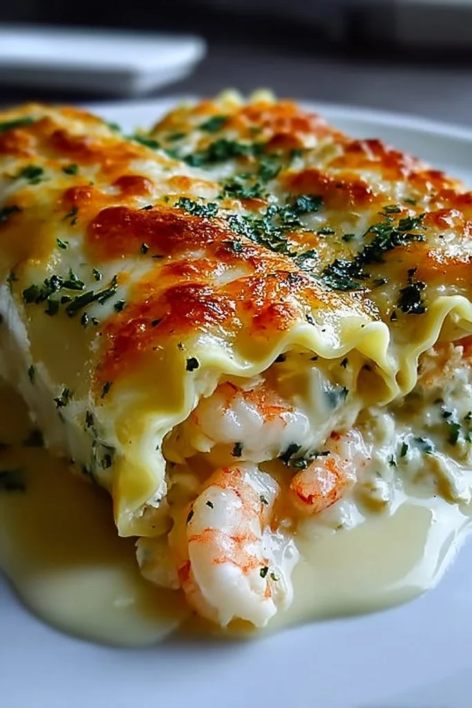 Indulgent shrimp crab alfredo lasagna roll-ups on a plate