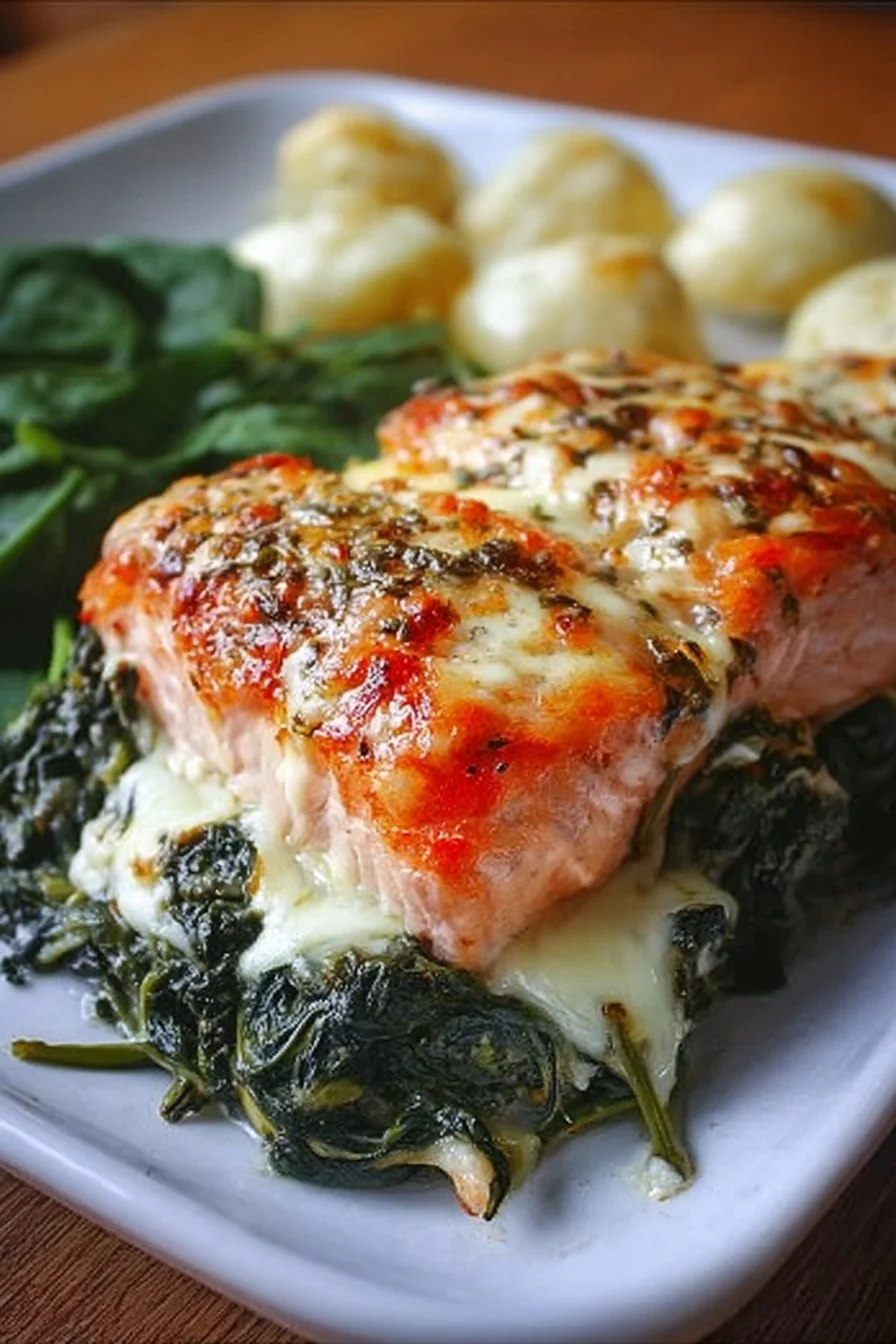 Irresistible baked salmon with spinach and mozzarella on a plate