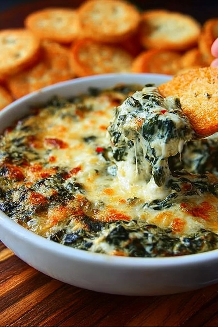 Homemade hot spinach dip served in a bowl with tortilla chips