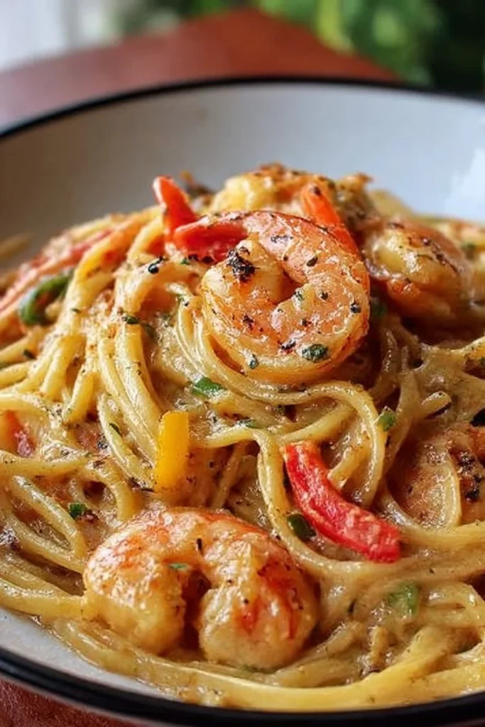 Delicious Jamaican Shrimp Pasta in creamy sauce garnished with herbs.