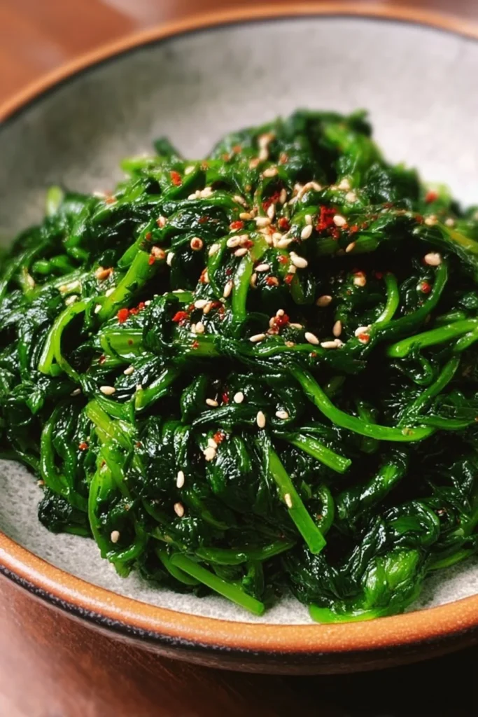 Korean Spinach Salad (Sigeumchi Namul) served in a bowl with sesame seeds