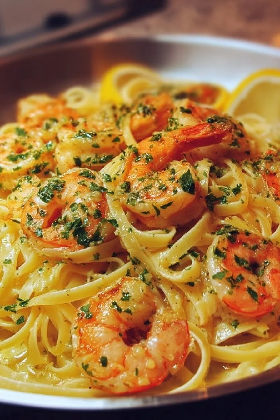 Delicious Lemon Butter Shrimp Pasta garnished with parsley and lemon slices