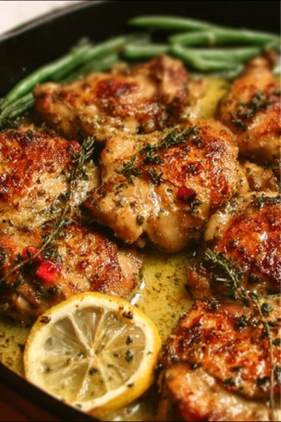 Delicious Lemon Garlic Butter Chicken Thighs garnished with herbs