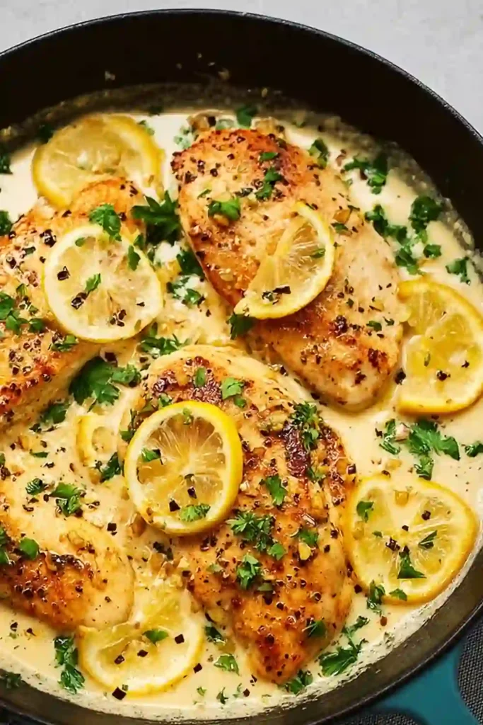 Skillet-seared chicken breasts in creamy lemon garlic sauce with fresh parsley and sliced lemons