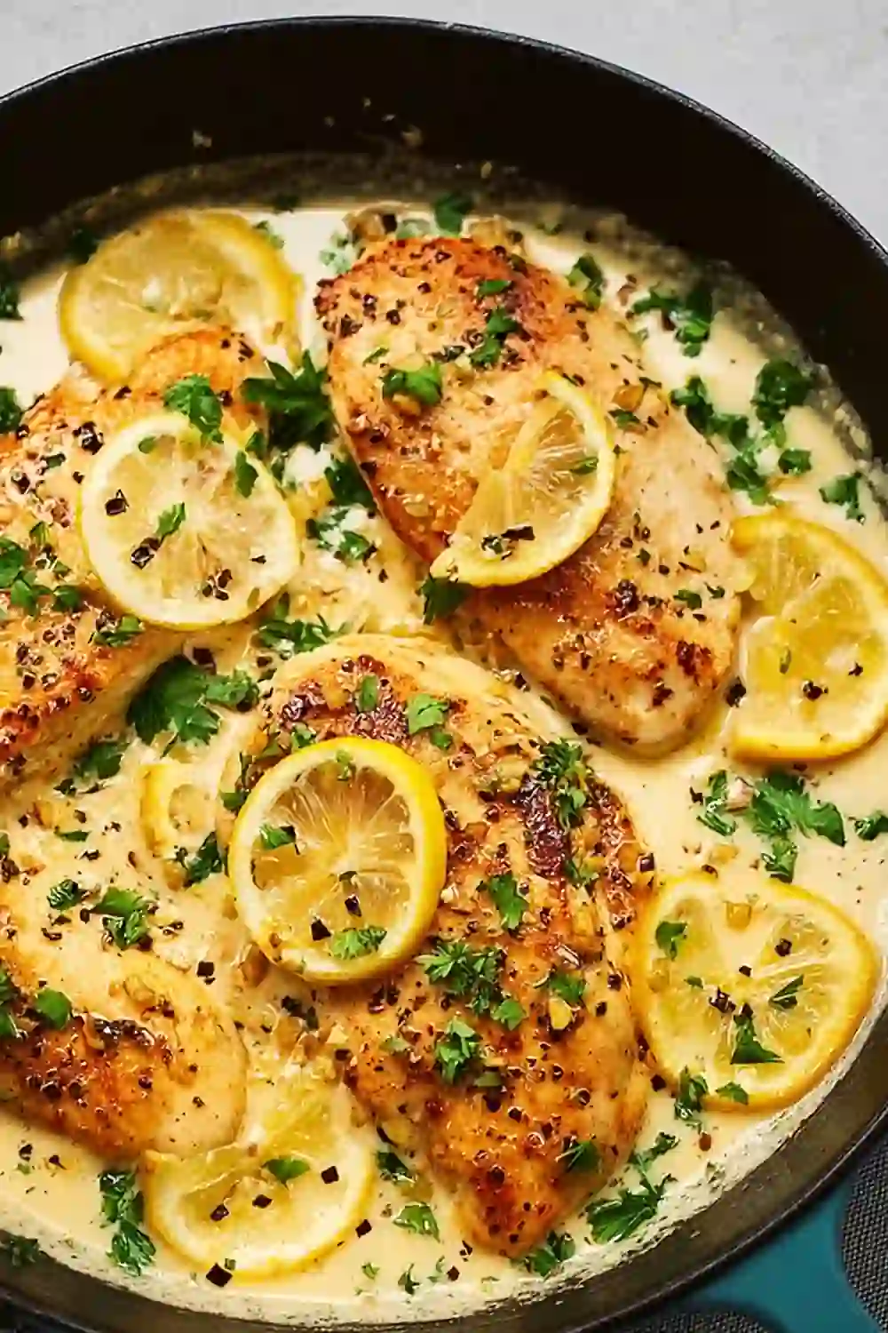 Skillet-seared chicken breasts in creamy lemon garlic sauce with fresh parsley and sliced lemons