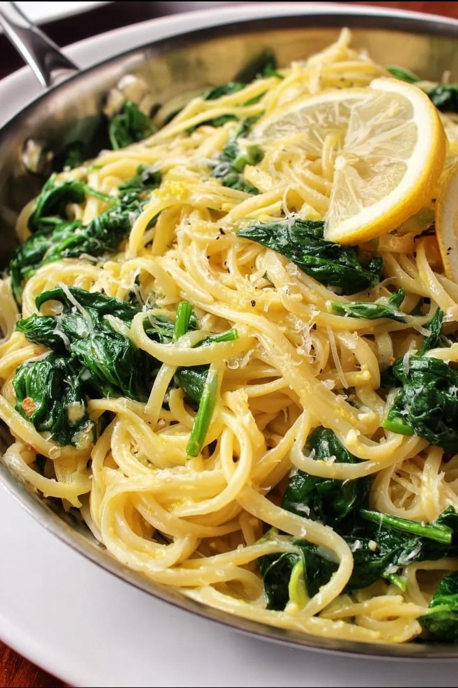Delicious lemon spinach pasta served with a sprinkle of parmesan cheese