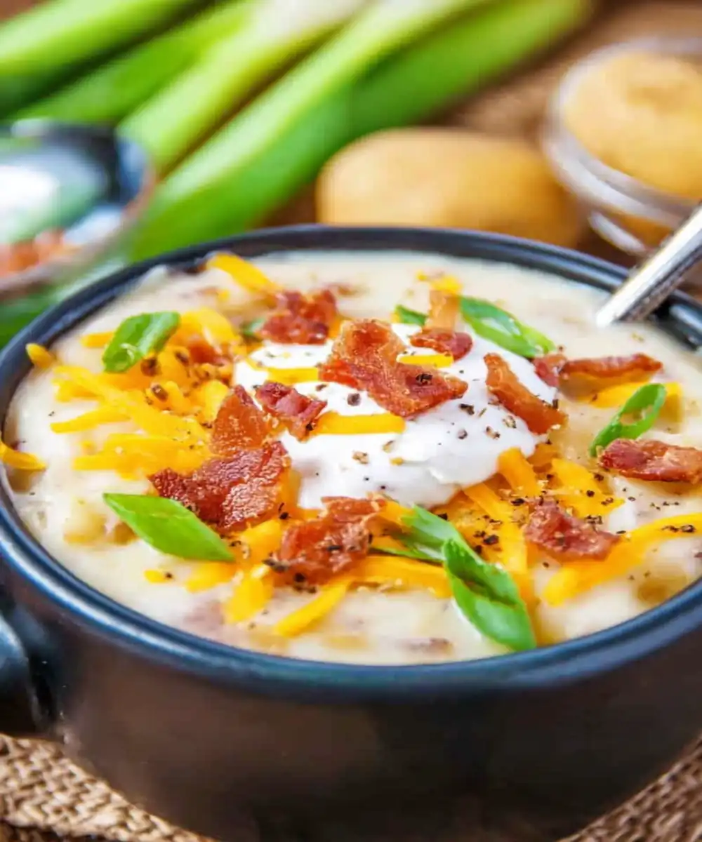 creamy baked potato soup topped with cheddar cheese, bacon, sour cream, and green onions