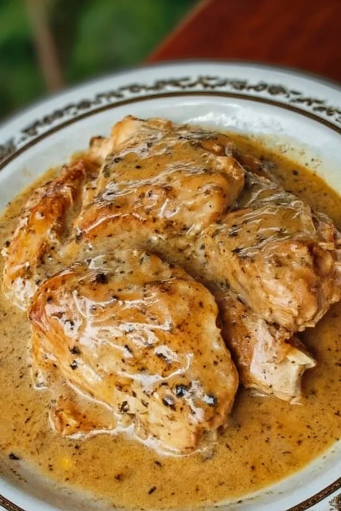 Low cooker chicken breasts served with rich gravy in a bowl