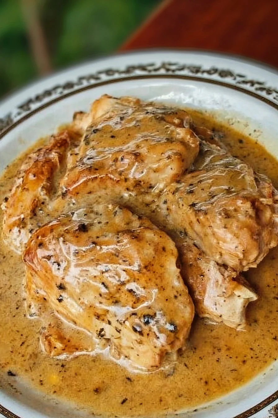 Low cooker chicken breasts served with rich gravy in a bowl