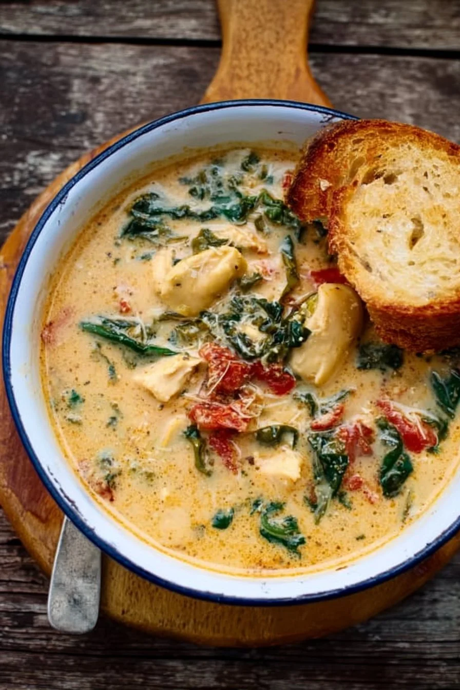 Delicious bowl of Marry Me Tuscan Chicken Soup with fresh ingredients