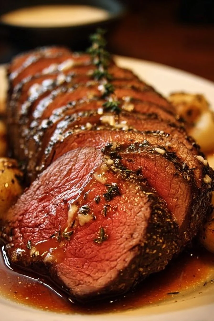 Perfectly cooked Million Dollar Roast Beef Tenderloin served on a platter
