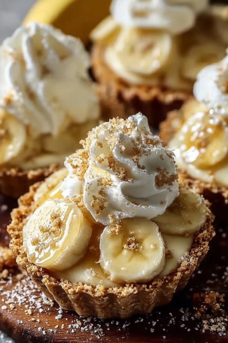 No-bake mini banana cream pies topped with whipped cream and banana slices