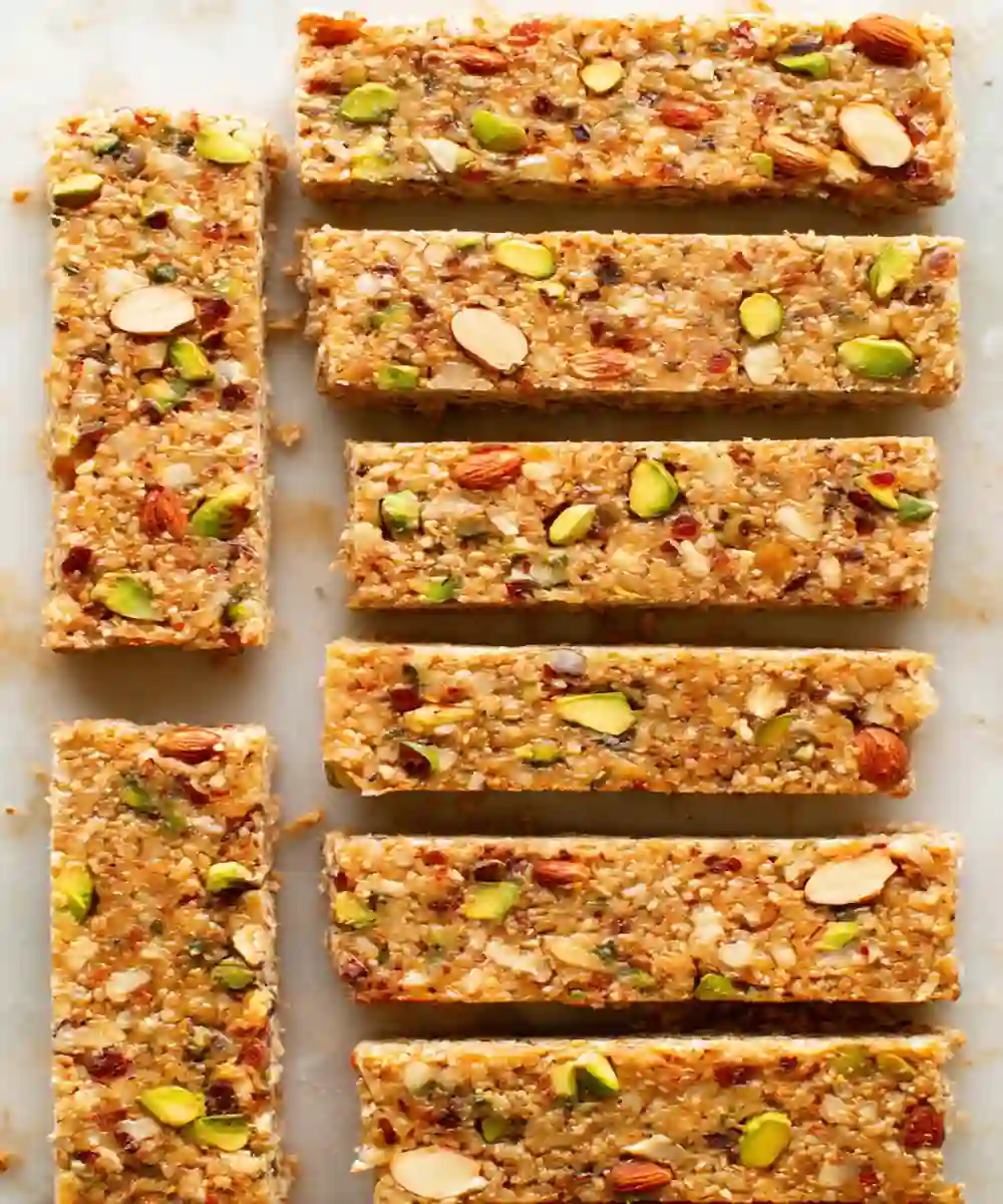 no-bake nut and oat snack bars with pistachios, almonds, and seeds on marble surface