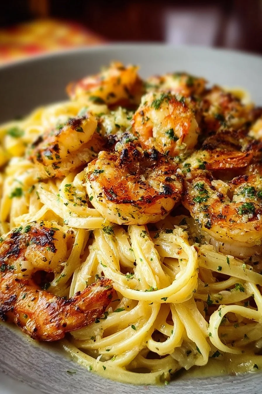 Delicious bowl of Old Bay Garlic Shrimp Pasta with parsley garnish.