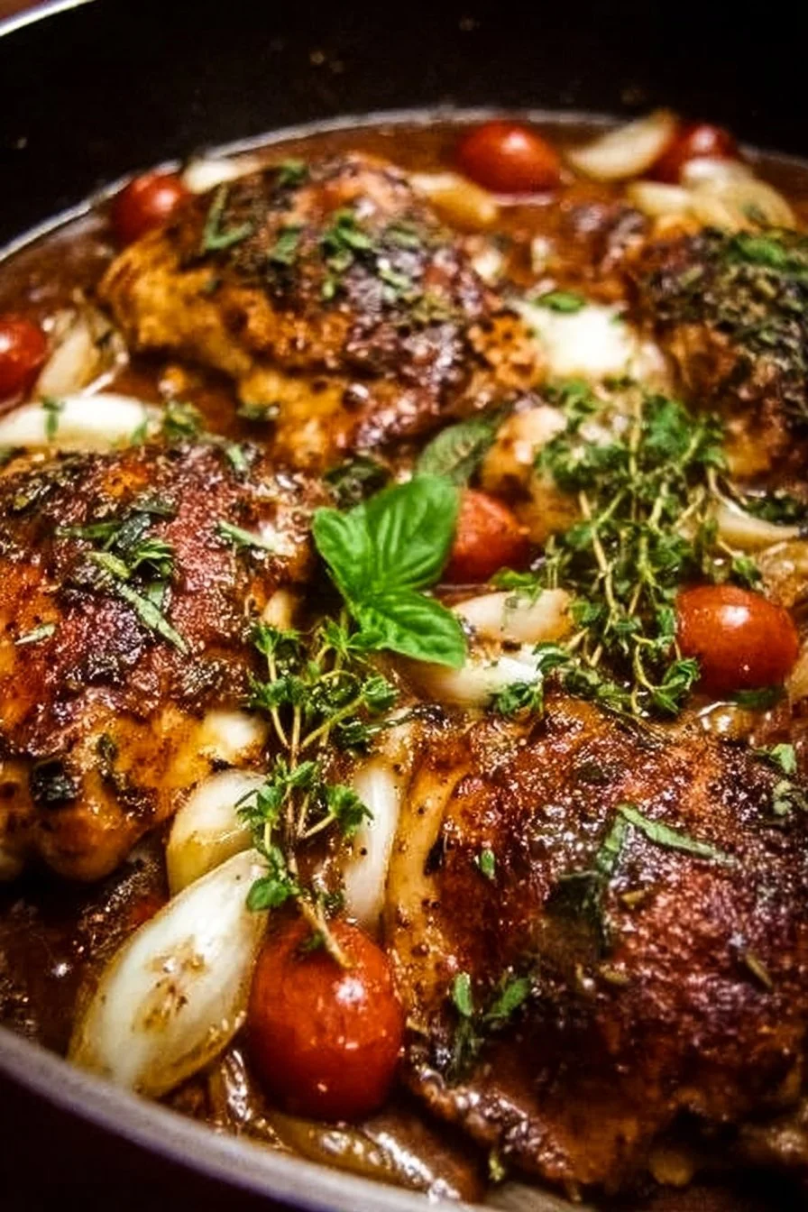One-Pan Balsamic Chicken dish garnished with herbs and served on a plate.