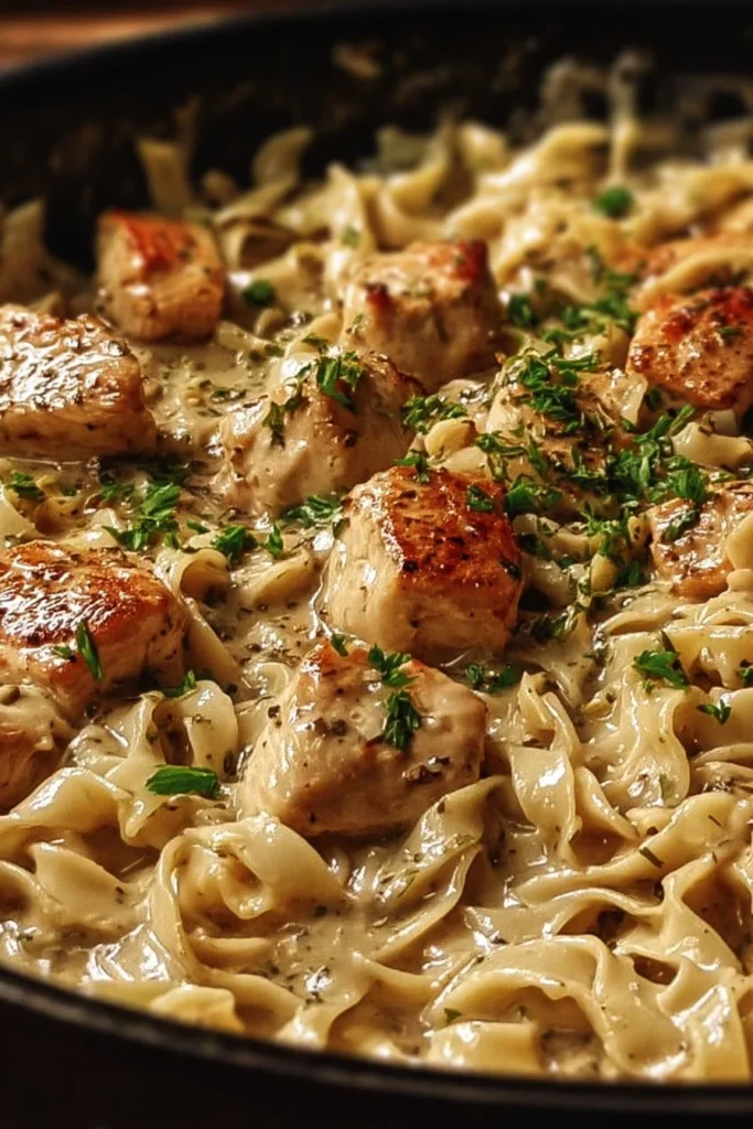 One-Pan Creamy Garlic Butter Chicken served with egg noodles