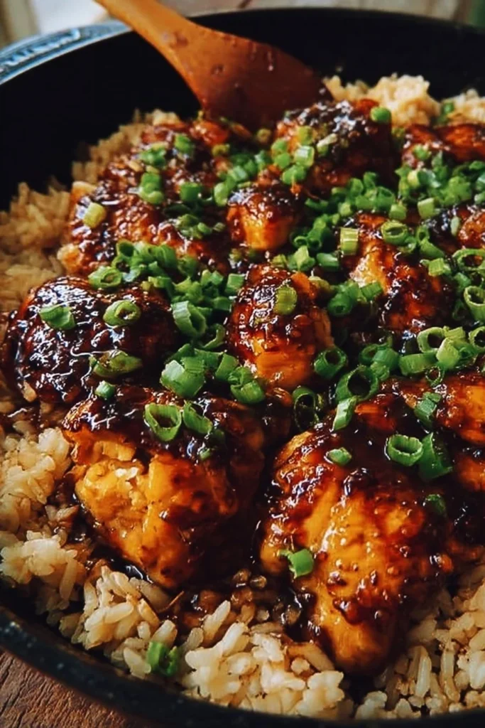 One-Pan Honey BBQ Chicken served with rice, a delicious and easy meal idea
