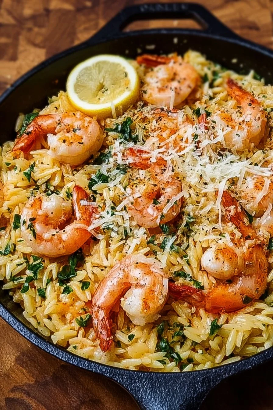 One Pan Parmesan Orzo with Shrimp served in a skillet with fresh herbs