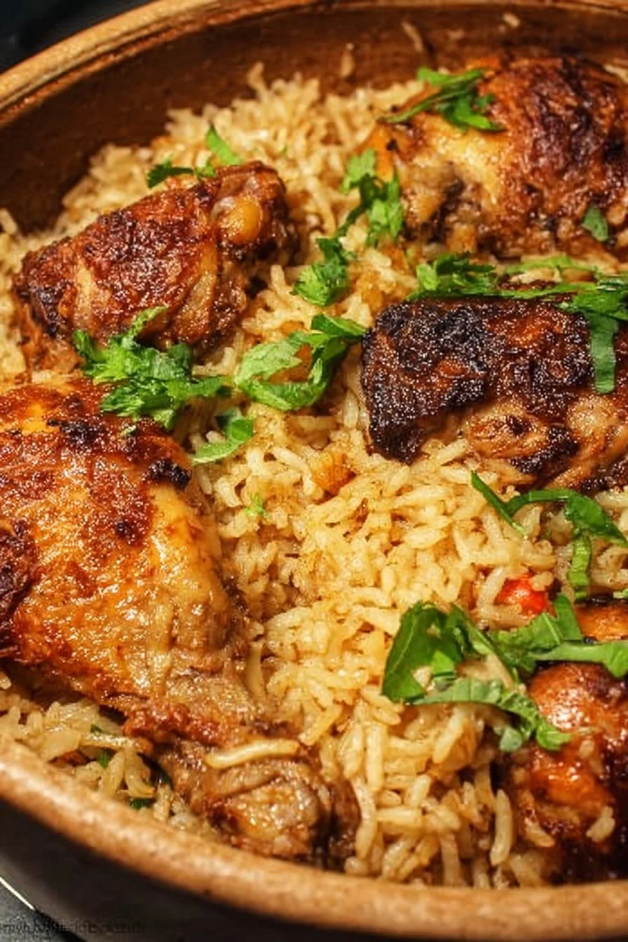 One Pot Chicken and Rice served in a colorful bowl with vegetables.