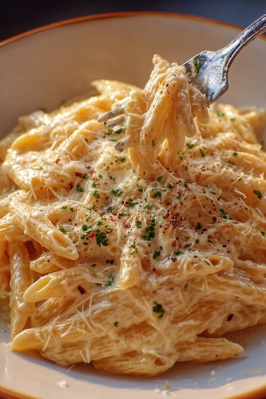 One Pot Creamy Garlic Pasta garnished with herbs in a skillet