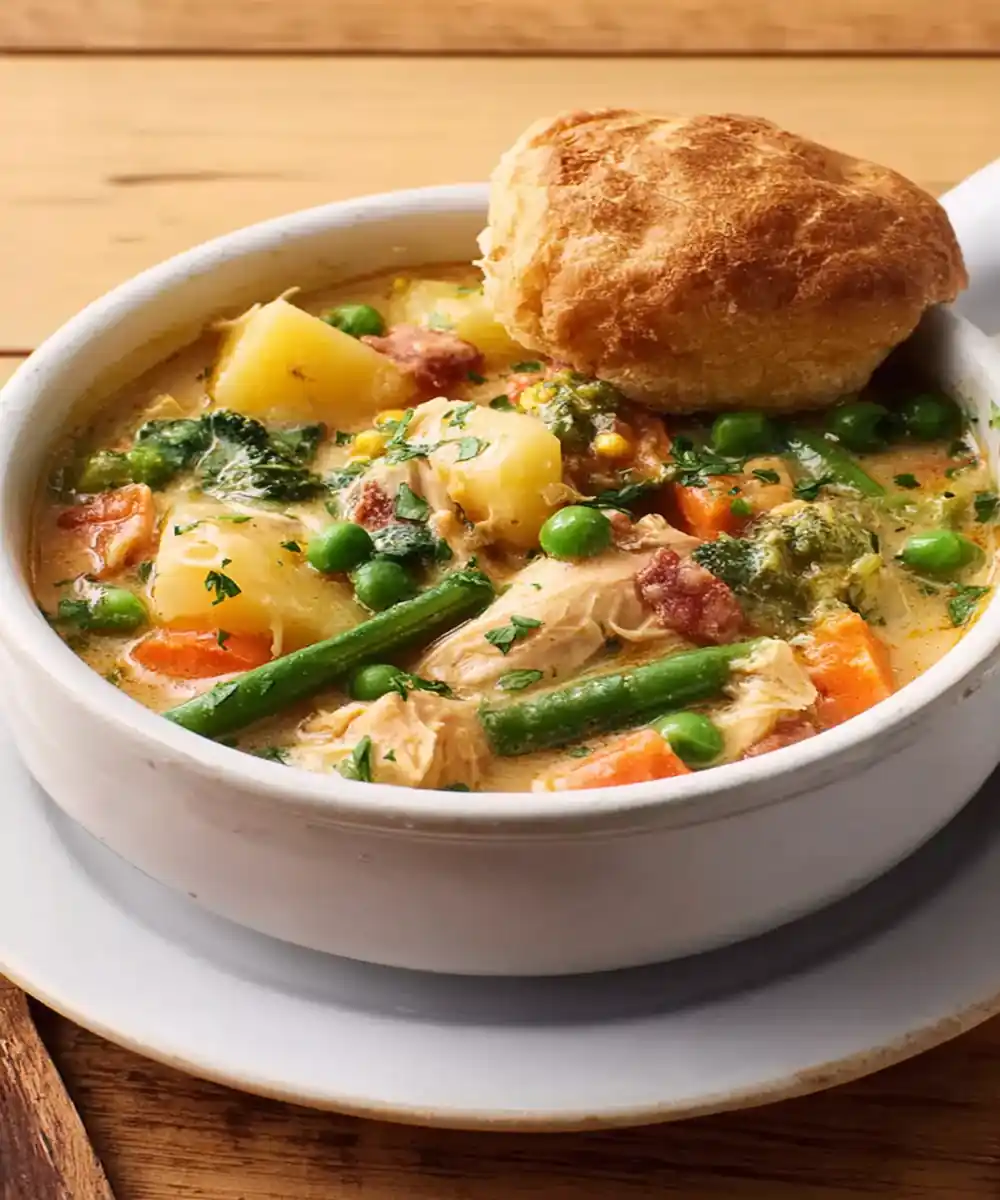 hearty crockpot chicken stew with potatoes, green beans, carrots, peas, and biscuit