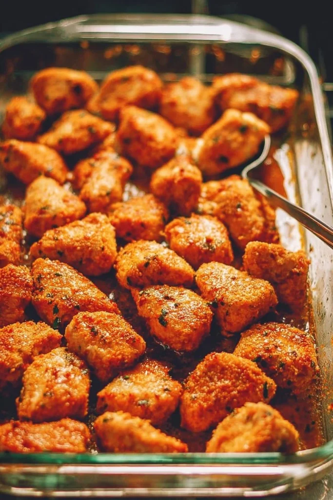 Oven-baked chicken bites served on a plate with dipping sauce