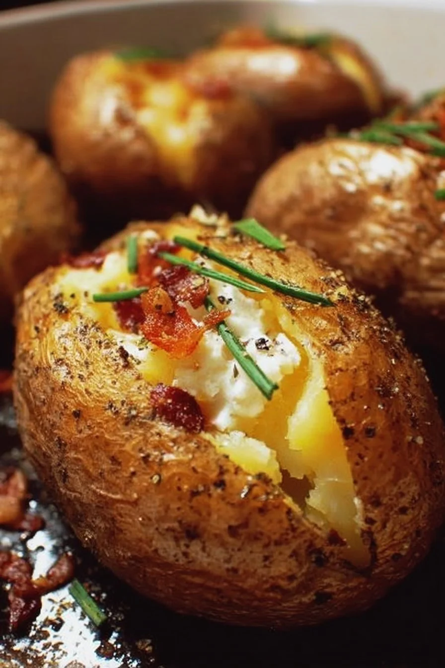 Perfectly cooked oven baked potatoes on a rustic wooden table