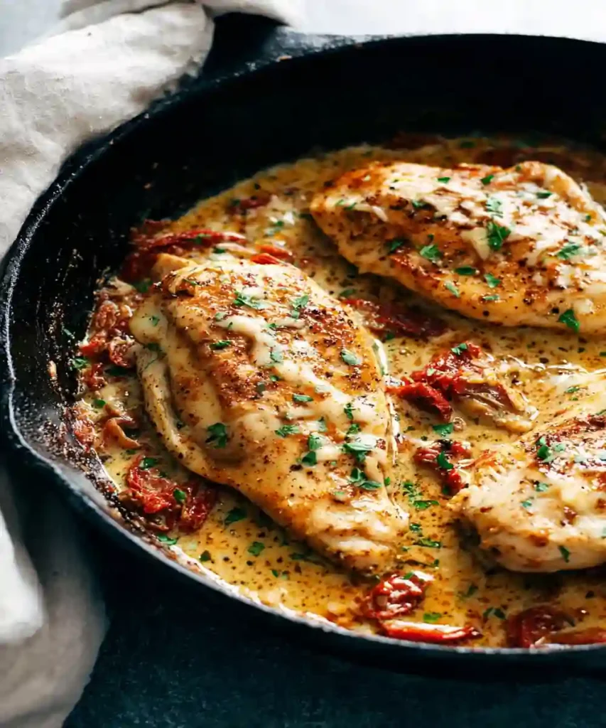 creamy parmesan chicken breasts in cast iron skillet with sun-dried tomatoes and herbs