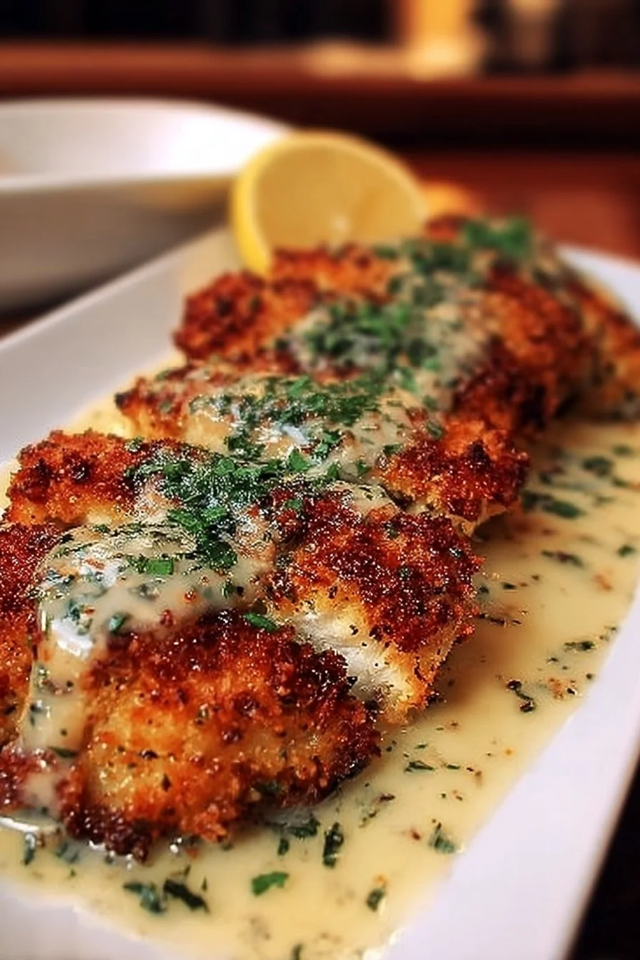 Parmesan Crusted Chicken with Creamy Garlic Sauce on a plate