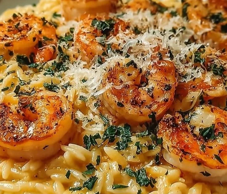 A bowl of creamy Parmesan Orzo with shrimp garnished with herbs.
