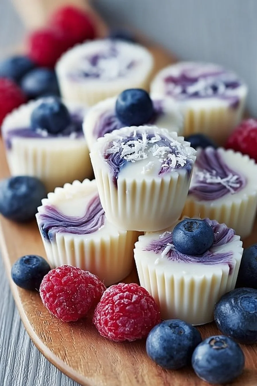 Healthy yogurt bites with fruits showcased on a plate