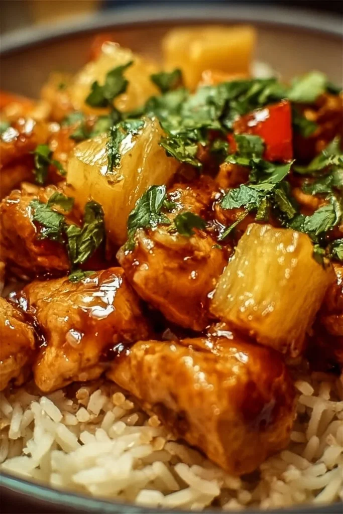 Delicious Pineapple Chicken served with rice, a sweet and savory dish.