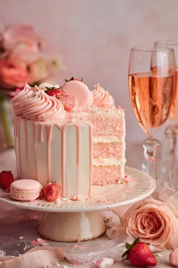 Delicious Pink Champagne Cake decorated with frosting and edible flowers