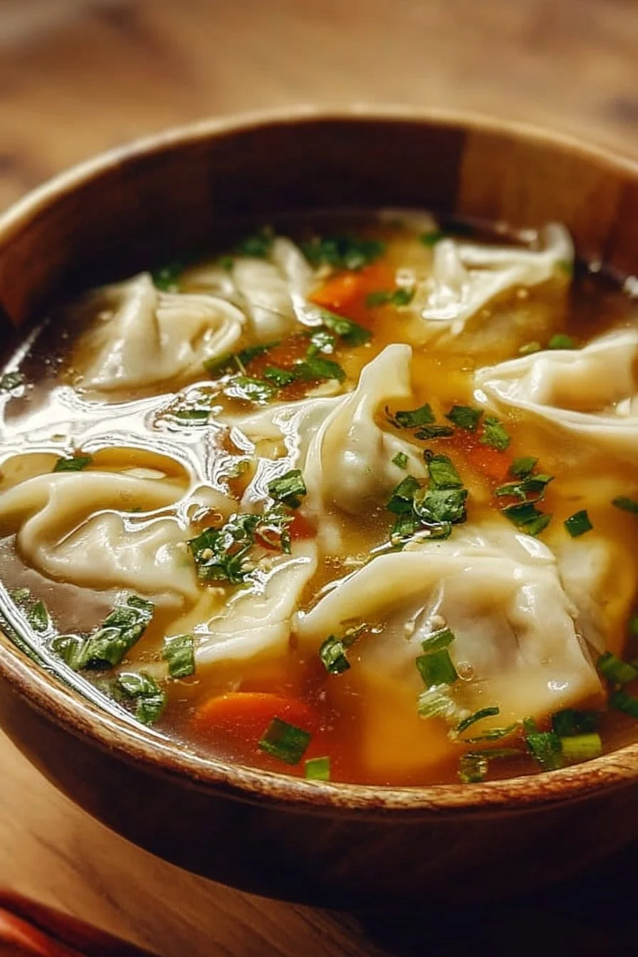 Bowl of homemade Potsticker Soup with dumplings and vegetables