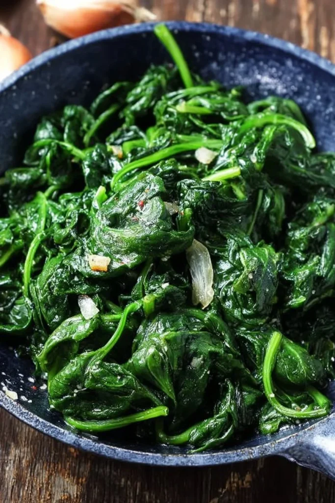Plate of quick and easy sautéed spinach with garlic and olive oil