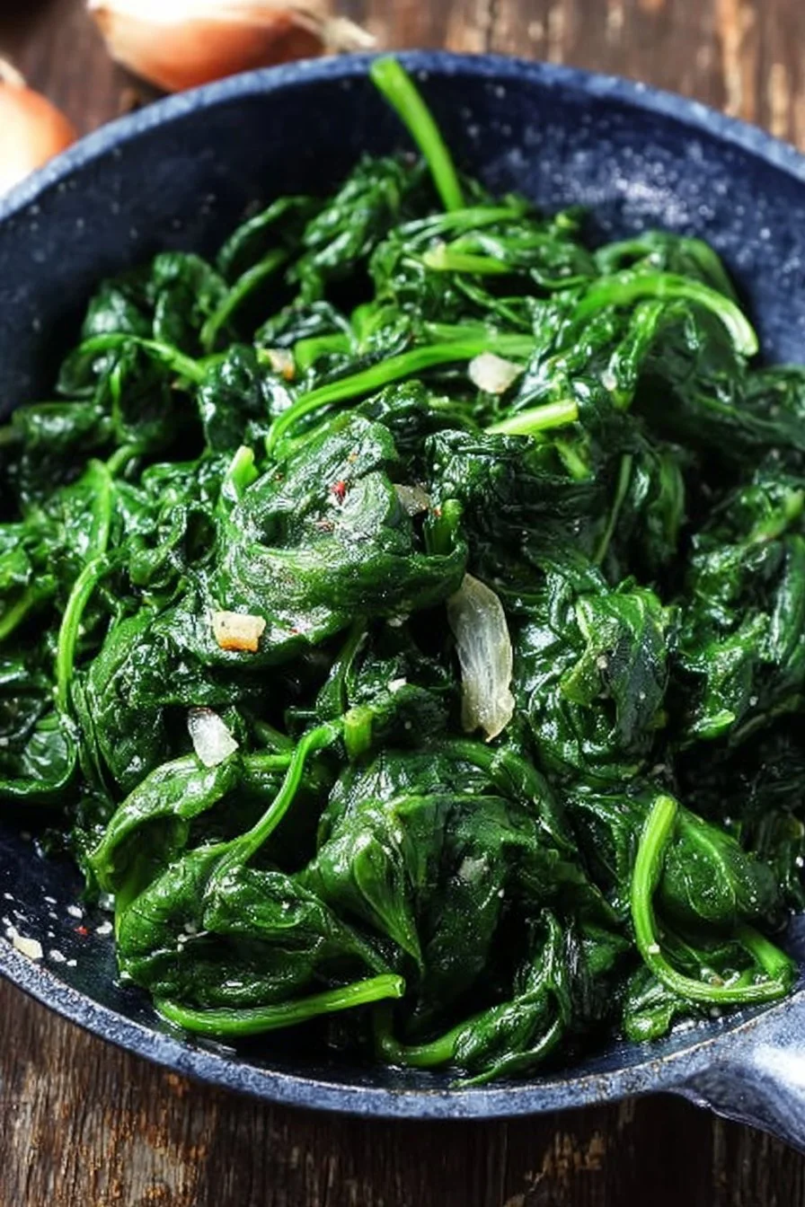 Plate of quick and easy sautéed spinach with garlic and olive oil