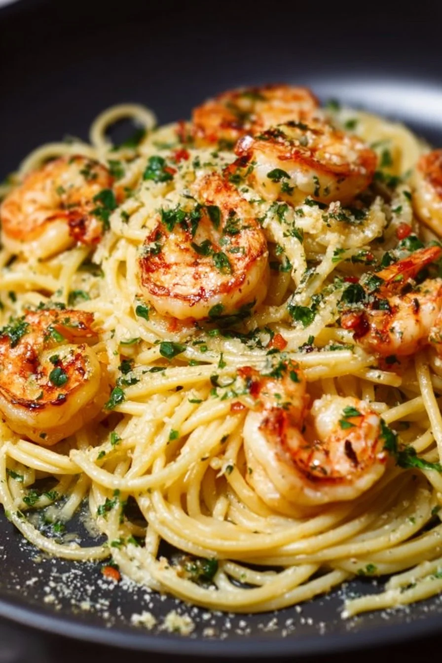 Plate of quick garlic shrimp pasta garnished with parsley
