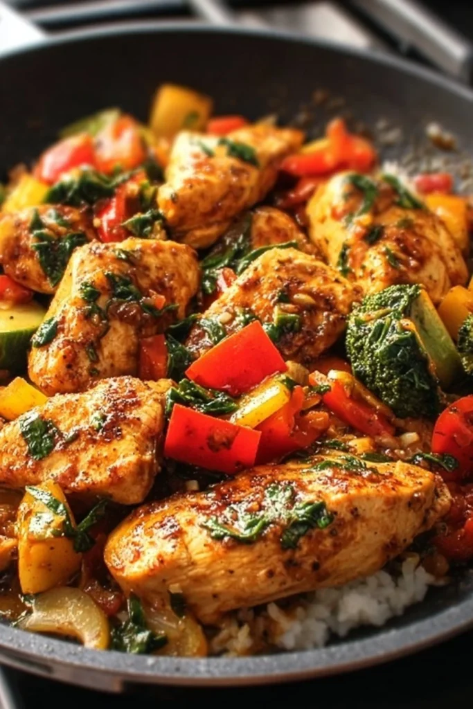 Healthy chicken skillet with colorful vegetables and spices