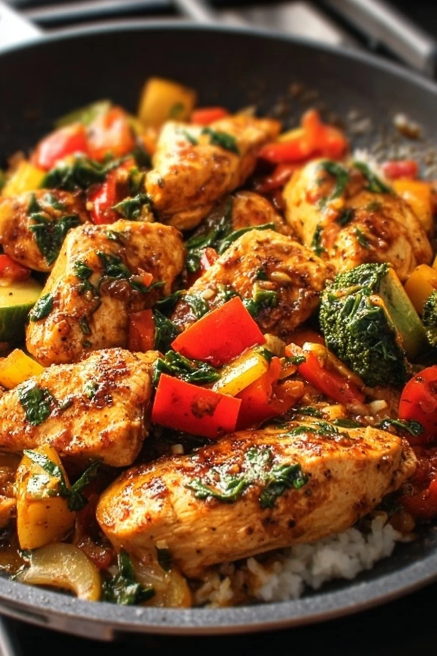Healthy chicken skillet with colorful vegetables and spices
