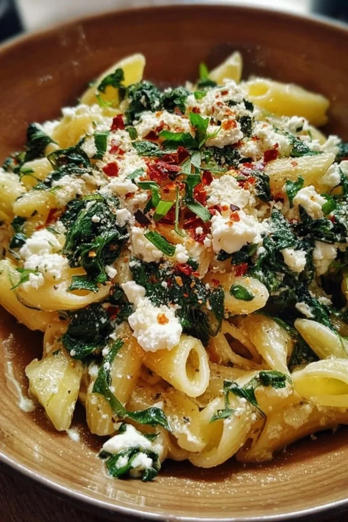Quick Spinach and Feta Pasta garnished with fresh spinach and feta cheese