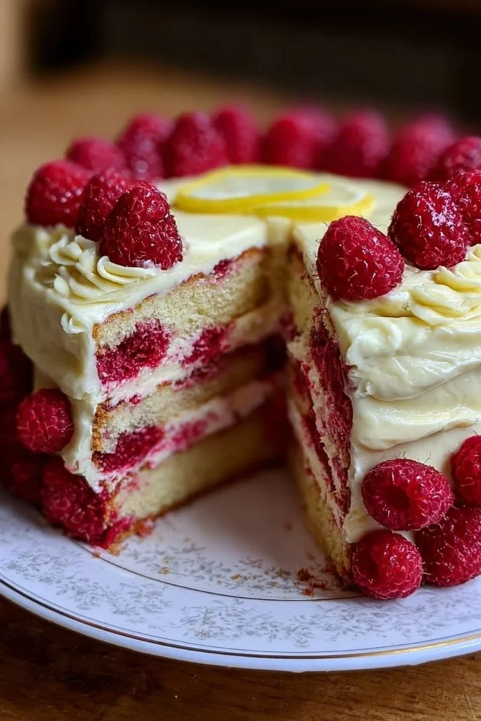 Raspberry Cake with Lemon Buttercream topped with fresh raspberries