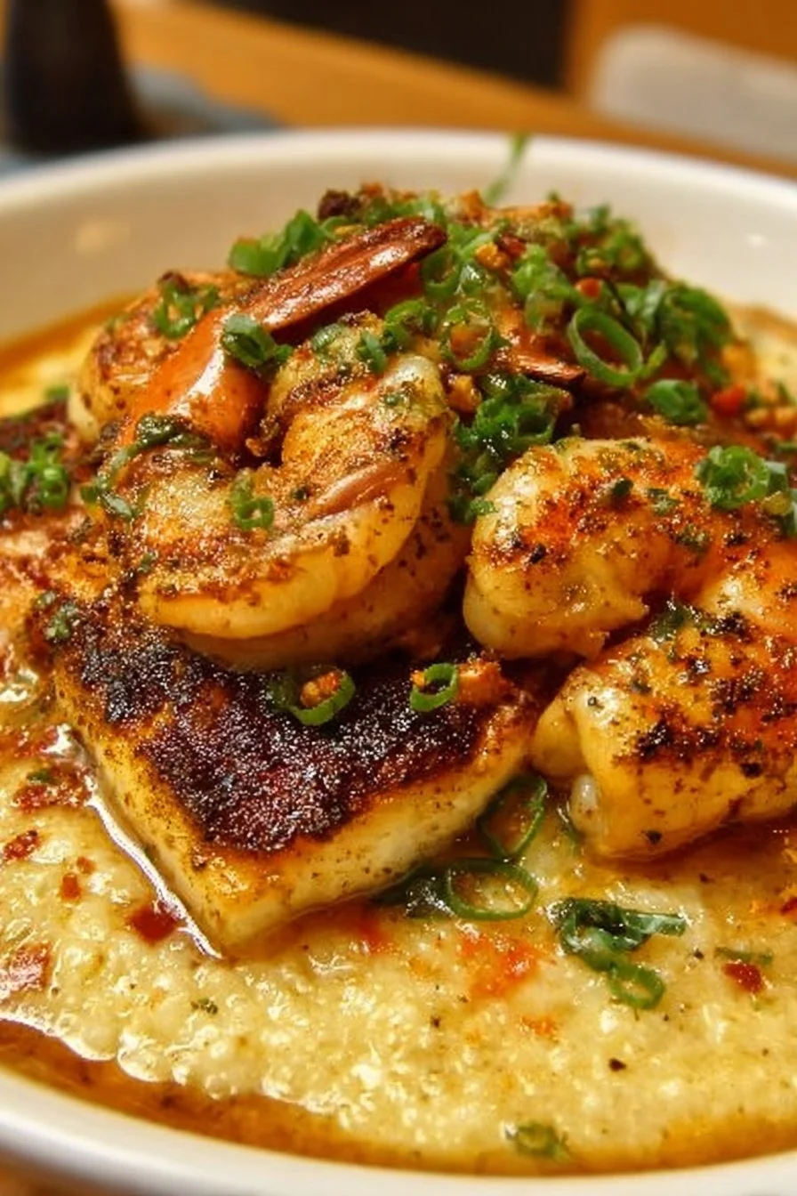 Delicious Red Snapper Shrimp Grits prepared Cajun style.